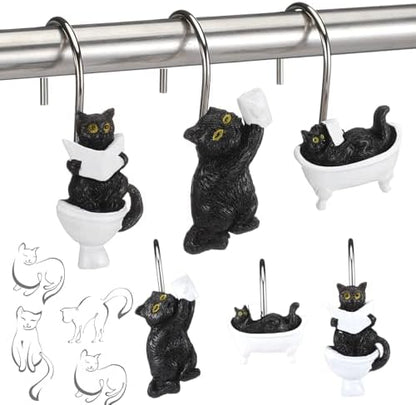 Roowest 12 Pcs Black Cat Shower Curtain Hooks, Stainless Steel Farmhouse