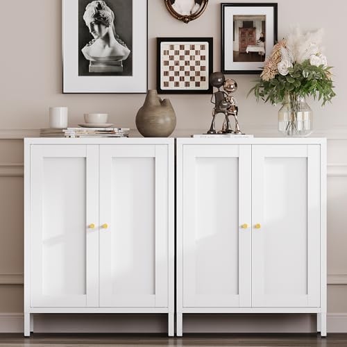 YAUWOH Metal Bathroom Storage Cabinet,Bathroom Floor Storage Cabinet with 2 Adjustable Shelves and 2 Doors,Freestanding Sideboard for Small Spaces, Living Room, Home Office, Dining Room,White