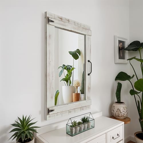 Oakrain Farmhouse Mirror, 24x32 Inch Distressed Gray Wood Frame with Black Metal Hinges, Rustic Wall Mirror for Bathroom, Living Room, Entryway, Bedroom