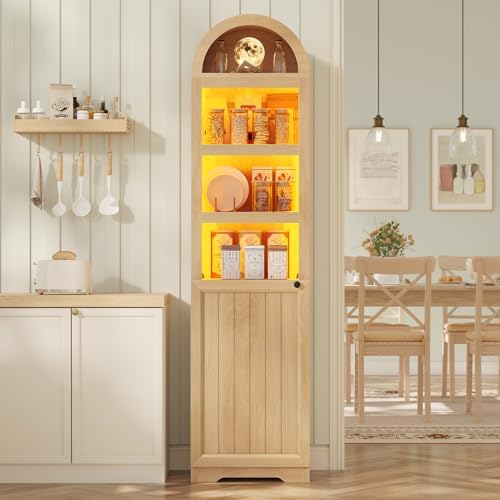 UPOSOJA 72" Tall Arched Narrow Bathroom Storage Cabinet with Lights, Slim Storage Cabinet with Adjustable Shelves for Small Spaces, Farmhouse Style (Oak)