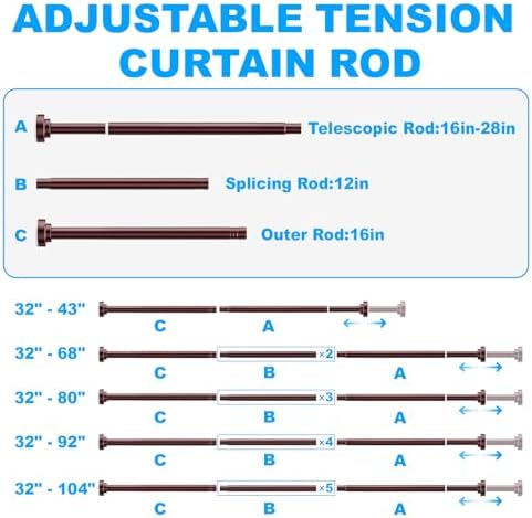 TEECK Shower Curtain Rod, 32-68 inch Adjustable Spring Tension Curtain Rod, Never Rust Anti-Slip Shower Curtain Rod for Bathroom, No Drilling, Never Collapse, Easy to Use, Brown