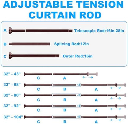 TEECK Shower Curtain Rod, 32-68 inch Adjustable Spring Tension Curtain Rod, Never Rust Anti-Slip Shower Curtain Rod for Bathroom, No Drilling, Never Collapse, Easy to Use, Brown