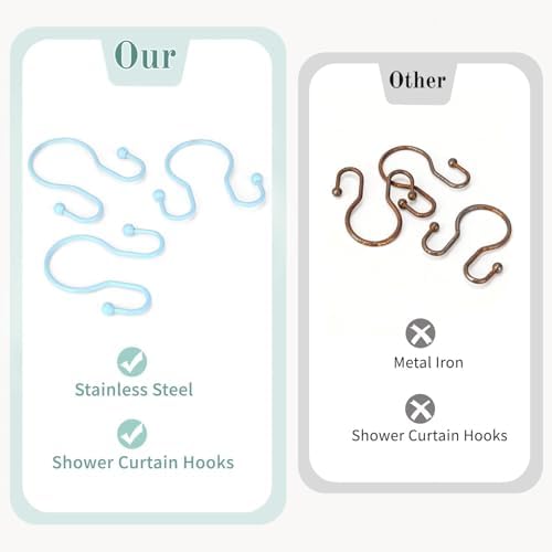 Goowin Shower Curtain Hooks, 12 Pcs Shower Curtain Rings, Stainless Steel Shower Curtain Hangers, Metal Shower Curtain Hooks Rings Rust Proof, Minimalist Shower Hooks for Shower Curtain, Blue