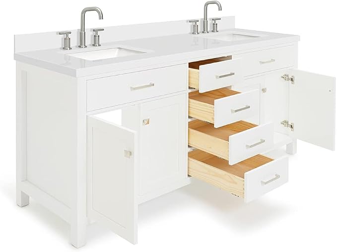 DKB Alenza 72 Inch Bathroom Vanity Double Sink — White Bathroom Vanity with Sink, 1.5" Edge Pure White Quartz Countertop & Backsplash, 4 Soft-Close Doors, 4 Dovetail Drawers