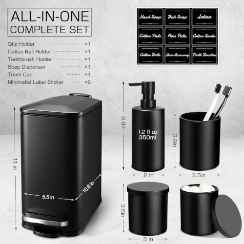 Black Bathroom Accessories Set, 5 Pcs Matte Black Bathroom Accessory Set with Trash Can, Soap Dispenser, Toothbrush Holder, Qtip Holder, Modern Bathroom Sets Complete Decor