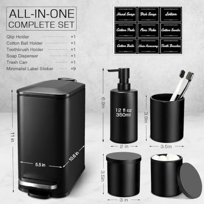 Black Bathroom Accessories Set, 5 Pcs Matte Black Bathroom Accessory Set with Trash Can, Soap Dispenser, Toothbrush Holder, Qtip Holder, Modern Bathroom Sets Complete Decor