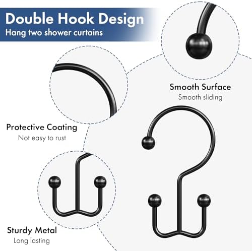 Bathway Shower Curtain Hooks Matte Black Shower Curtain Rings, 24 Pcs Double Hook Shower Curtain Hooks Rings Shower Curtain Hangers Rust Proof, Metal Shower Hooks for Bathroom Shower Curtain Rod