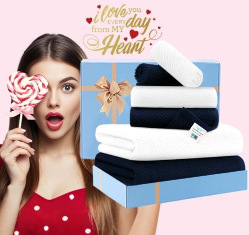 VOOVA & MOVAS 6PC Towel Set, 100% Cotton, Blue White