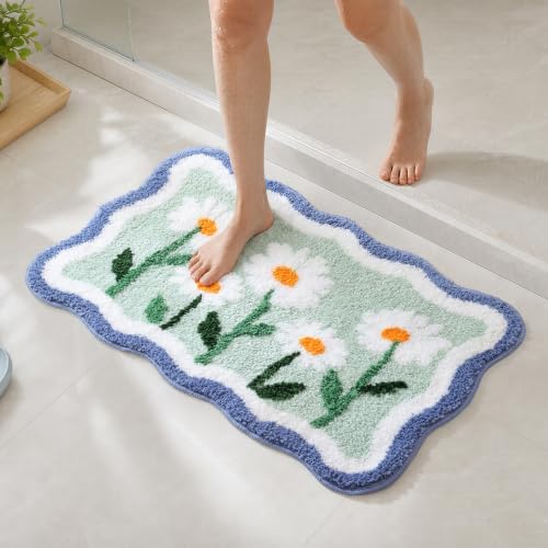 TRUEDAYS Daisy Floral Bathroom Rug, Cute Bath Mat for Bathroom, 32”x20” | Scalloped Shape Flower Bath Mat, Soft & Absorbent Tufted Bath Rugs with Non Slip Backing for Farmhouse Cottagecore Decor