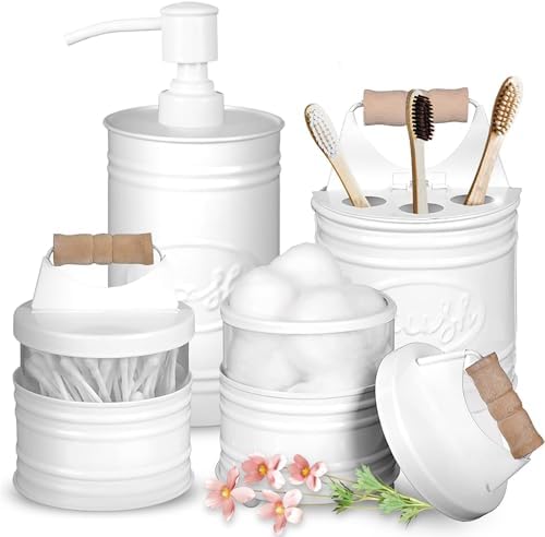 Autumn Alley White Bathroom Accessories Set 4 - Farmhouse Soap Dispenser, Toothbrush Holder, 2 Apothecary Jars Qtip Holder - White Bathroom Decor – Rustic Farmhouse Bathroom Accessories