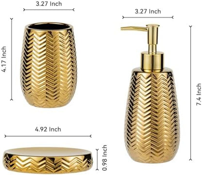 Gold Bathroom Accessories 3pcs Stylish Bathroom Accessories Set Gold Soap Dispenser Pump, Tumbler and Soap Dish Modern Decor Wavy Design Ceramic Bathroom Accessory Set