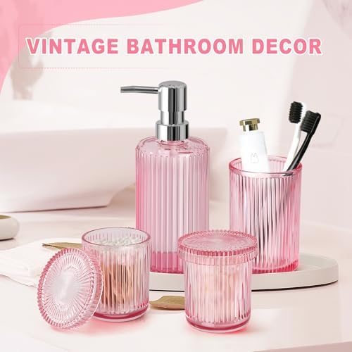 Pink Bathroom Accessories Set, 4 Pcs Glass Bathroom Accessory Set, Pink Soap Dispenser and Toothbrush Holder Set, Qtip Holder Set, Vintage Bathroom Sink Set, Cute Bathroom Decor