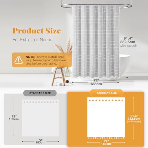 BTTN 72x90 Boho Farmhouse Linen Heavy Duty Shower Curtain Set, Gray/Grey