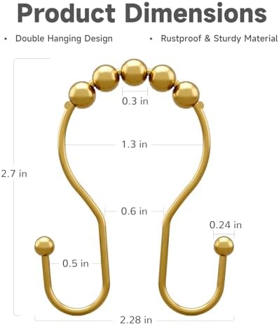 Bathway Shower Curtain Hooks, Shower Curtain Rings Rust Proof Double Hook Shower Curtain Hooks, 12 Pcs Dark Gold Shower Hooks for Shower Curtain, Shower Rings for Curtain, Metal Shower Rod Hooks
