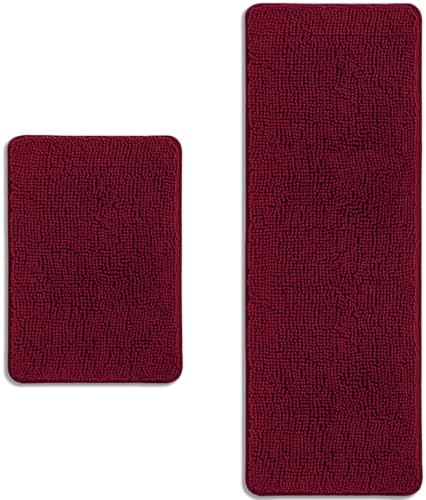 Bathroom Rugs Sets 2 Piece – Absorbent and Washable Bath Mat, Non-Slip, Thick Soft Chenille Bath Rugs for Bathroom Floor, Shower, Sink(17" x 24"+17" x 47", Vivid Burgundy)