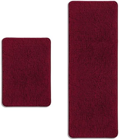 Bathroom Rugs Sets 2 Piece – Absorbent and Washable Bath Mat, Non-Slip, Thick Soft Chenille Bath Rugs for Bathroom Floor, Shower, Sink(17" x 24"+17" x 47", Vivid Burgundy)