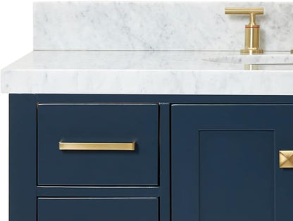 ARIEL Cambridge 42-inch Bathroom Vanity with Sink,Solid Wood, 1.5-inch Italian Carrara Marble Countertop, Single Oval Porcelain Sink, 2 Soft Closing Doors, 9 Dovetail Drawers, Midnight Blue