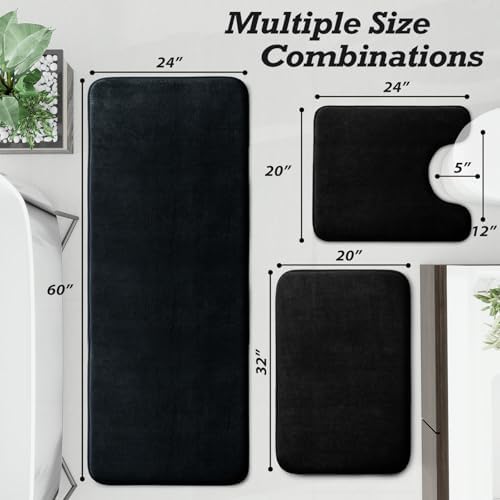 HUXMEYSON Bathroom Rugs Sets 3 Piece, Non-Slip & Quick Dry Bath Mat Set, Ultra Soft Velvet Bath Rugs for Bathroom, Toilet and Shower Floor, Black
