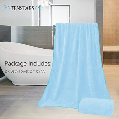 TENSTARS Silk Hemming Bath Towels for Bathroom Clearance - 27 x 55 inches - Light Thin Quick Drying - Soft Microfiber Absorbent Towel for Bath Fitness, Sports, Yoga, Travel, Gym - 2 Pack, Aquamarine