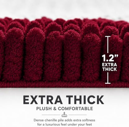 Bathroom Rugs Sets 2 Piece,Super Absorbent Soft,Thick,Machine Washable Chenille Bath Mat,Non Slip Toilet Floor Rug,Bath Mats for Bathroom,20x32 Plus 20x20 U Shape,Burgundy