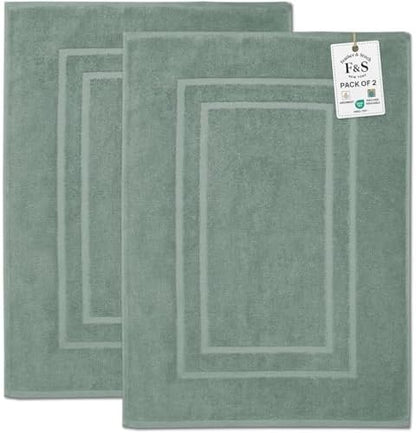 Feather & Stitch 2 Piece Towel Like Bath Mats (30x21 Inch) 100% Cotton Terry Bath Mat, Bathroom Shower Floor Mat [NOT A Bathroom Rug], Soft Absorbent Washable Mats - Granite Green
