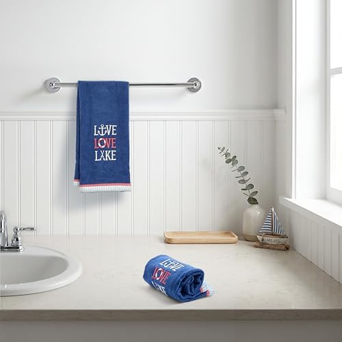 Ritz 2-Piece Cotton Velour Bathroom Hand Towel Set, Embroidered Live Love Lake Design, Soft Navy Blue Nautical Decorative Towels for Lake House, Cottage, Cabin Decor, 16” x 26”