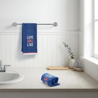 Ritz 2-Piece Cotton Velour Bathroom Hand Towel Set, Embroidered Live Love Lake Design, Soft Navy Blue Nautical Decorative Towels for Lake House, Cottage, Cabin Decor, 16” x 26”