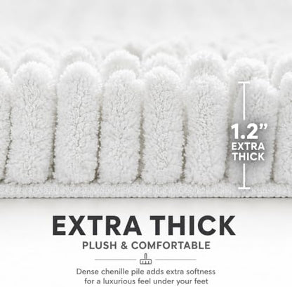 Bathroom Rugs Sets 2 Piece,Super Absorbent Soft,Thick,Machine Washable Chenille Bath Mat,Non Slip Toilet Floor Rug,Bath Mats for Bathroom,20x32 Plus 20x20 U Shape,White