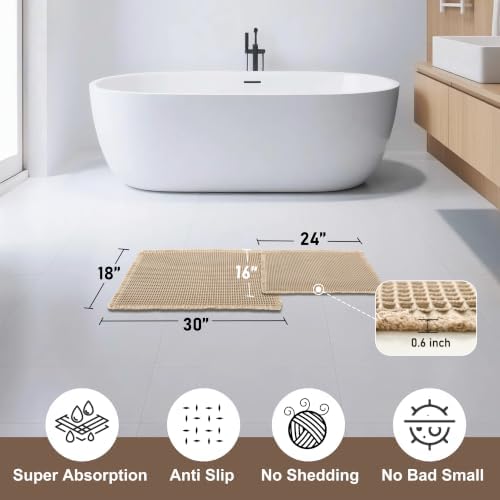JIUZHEN Set of 2 Waffle Bath Mats Boho Bath Rugs 16"x24"+18"x30", Brown
