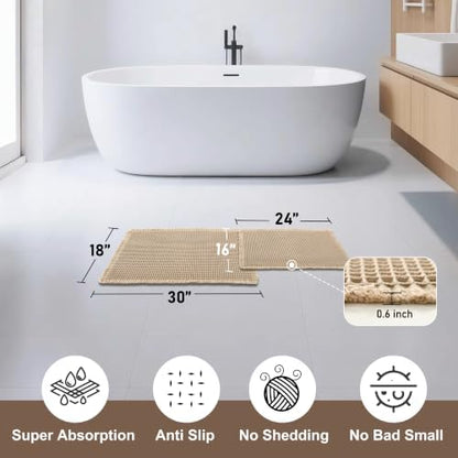 JIUZHEN Set of 2 Waffle Bath Mats Boho Bath Rugs 16"x24"+18"x30", Brown