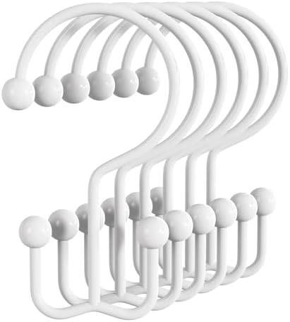 Bathway Shower Curtain Hooks White Shower Curtain Rings, 12 Pcs Double Hook Shower Curtain Hooks Rings Shower Curtain Hangers Rust Proof, Metal Shower Hooks for Bathroom Shower Curtain Rod