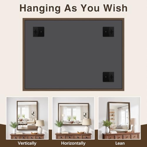 Bathroom Mirror, 30 x 42 inch Walnut Wood Grain Colored Aluminum Metal Frame Bathroom Vanity Mirror, Rectangle Wall Mirror for Bedroom Living Room, Tempered Glass, Horizontal or Vertical