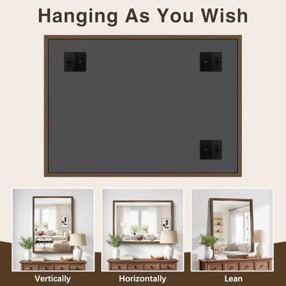 Bathroom Mirror, 30 x 42 inch Walnut Wood Grain Colored Aluminum Metal Frame Bathroom Vanity Mirror, Rectangle Wall Mirror for Bedroom Living Room, Tempered Glass, Horizontal or Vertical