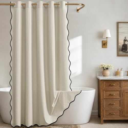 Furlinic No Hook Linen Shower Curtain Waterproof Beige Boho Scalloped 72x84