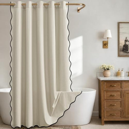 Furlinic No Hook Linen Shower Curtain Waterproof Beige Boho Scalloped 72x84