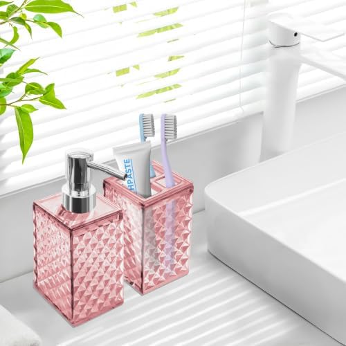 2 Piece Bathroom Accessory Set, Pink Soap Dispenser and Toothbrush Holder
