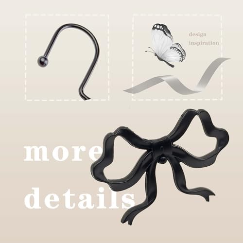 Black Bow Shower Curtain Hooks, 12 Pack Gothic Coquette Bathroom Decor, Decorative Metal Rust Proof Shower Curtain Rings for Dark Feminine, Vintage & Cute Bathroom Aesthetic