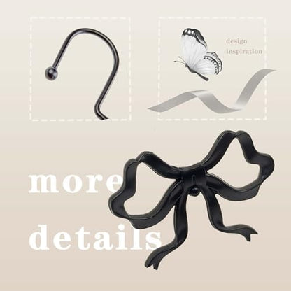 Black Bow Shower Curtain Hooks, 12 Pack Gothic Coquette Bathroom Decor, Decorative Metal Rust Proof Shower Curtain Rings for Dark Feminine, Vintage & Cute Bathroom Aesthetic