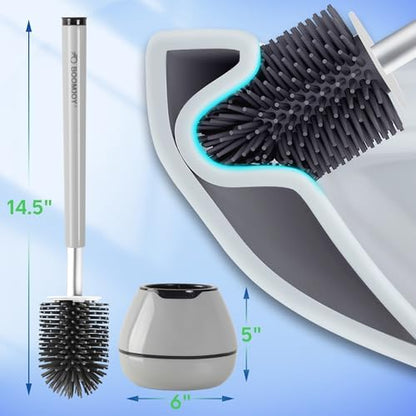 BOOMJOY Toilet Brush and Holder Set, Silicone Toilet Bowl Cleaner Brush, Toilet Scrubber Brush with Tweezers for Bathroom Cleaning, RV Accessories and House Organization Must-Haves - Gray