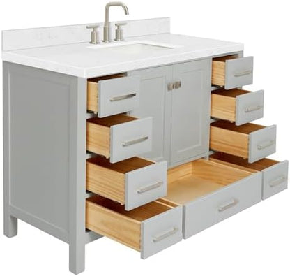 ARIEL Cambridge 48-inch Bathroom Vanity with Sink,Solid Wood, 1.5-inch Carrara White Quartz Countertop, Single Rectangular Porcelain Sink, 2 Soft Closing Doors, 9 Dovetail Drawers, Grey
