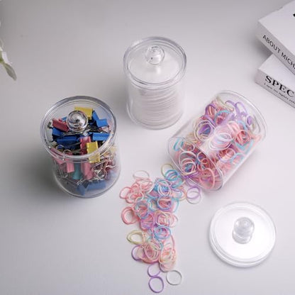WEISHI 6 Pack Qtip Holder Dispenser -Cotton Ball, Swab, Round Pads, Floss , Small Clear Plastic Apothecary Jar Containers with Lids for Bathroom Storage and Organization, Vanity Organizer