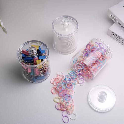 WEISHI 4 Pack Qtip Holder Dispenser - Cotton Ball, Swab, Round Pads, Floss , Small Clear Plastic Apothecary Jar Containers with Lids for Bathroom Storage and Organization, Vanity Organizer