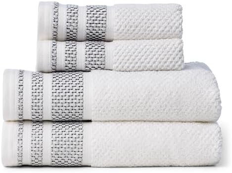 Texere 100% Organic Cotton Rice Weave Jacquard 700 GSM Luxury Bath Towel Sets - 2 Hand Towels, 2 Washcloths (Rice Weave, BRT Wht w/Blk, 2 Hand & 2 Wash Towels)