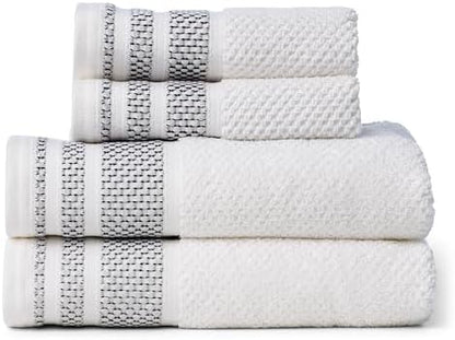 Texere 100% Organic Cotton Rice Weave Jacquard 700 GSM Luxury Bath Towel Sets - 2 Hand Towels, 2 Washcloths (Rice Weave, BRT Wht w/Blk, 2 Hand & 2 Wash Towels)