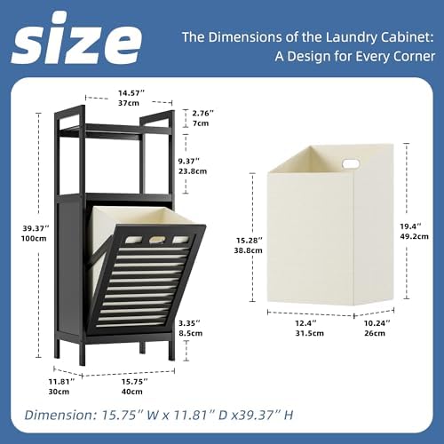 HITNET Tilt Out Laundry Hamper, Bamboo Bathroom Cabinet with Pull Out Removable Bag and 2 Tier Storage Shelves, 10 Gal Clothes Basket with Metal Handle, Black