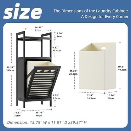 HITNET Tilt Out Laundry Hamper, Bamboo Bathroom Cabinet with Pull Out Removable Bag and 2 Tier Storage Shelves, 10 Gal Clothes Basket with Metal Handle, Black