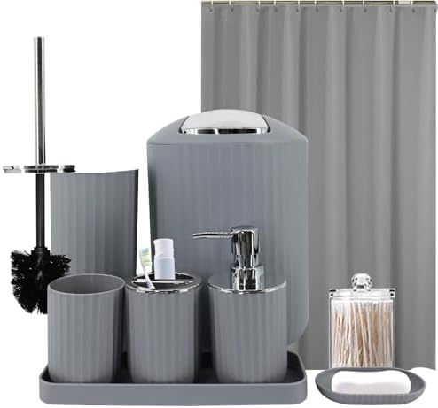 Grey Bathroom Accessories Set, 10Pcs Bathroom Accessory Sets Complete with Trash Can, Shower Curtain, Vanity Tray, Soap Dispenser, Soap Dish, Toothbrush Holder&Cup, Toilet Brush&Holder, Qtip Holder