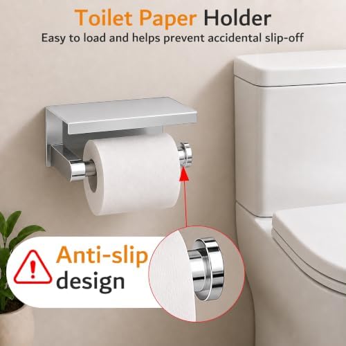 5 Pieces Bathroom Hardware Accessories Set Polished Chrome, 24Inch RoundTowel Racks Set for Bathroom, SUS304 Stainless Steel Towel Bar Set, Toilet Paper Holder with Shelf Wall Mounted
