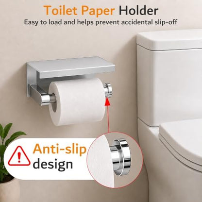 5 Pieces Bathroom Hardware Accessories Set Polished Chrome, 24Inch RoundTowel Racks Set for Bathroom, SUS304 Stainless Steel Towel Bar Set, Toilet Paper Holder with Shelf Wall Mounted