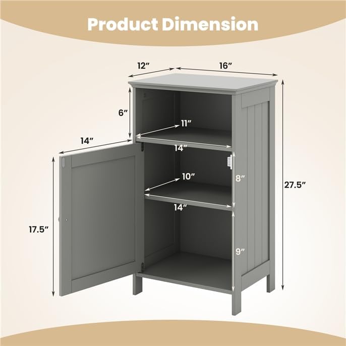 LDAILY Bathroom Cabinet, Freestanding Small Cabinet with Door, 3-Position Adjustable and Removable Shelf, Anti-Tipping Device, Wooden Floor Organizer for Bathroom, Kitchen, Office (Gray)